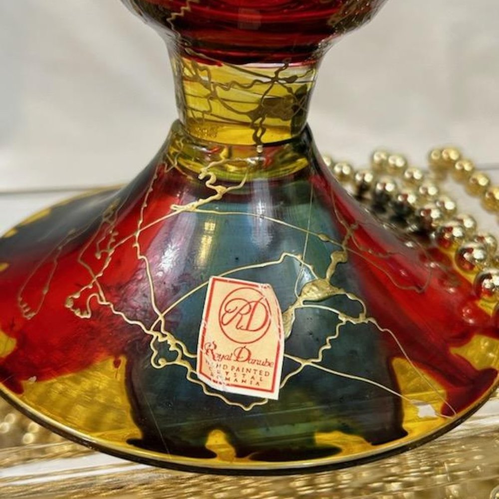 Royal Danube Hand Blown Decorated 10" x 6.5" Glass Vase Red Blue Gold - Romania - Picture 3 of 3